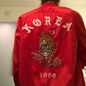 Red satin bomber Korea tiger embroidery